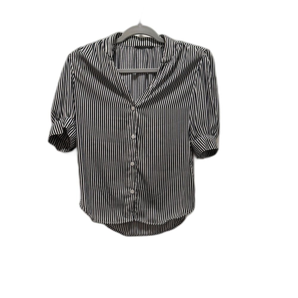 Tahari blouse with button up front, puff sleeves in black and white striped